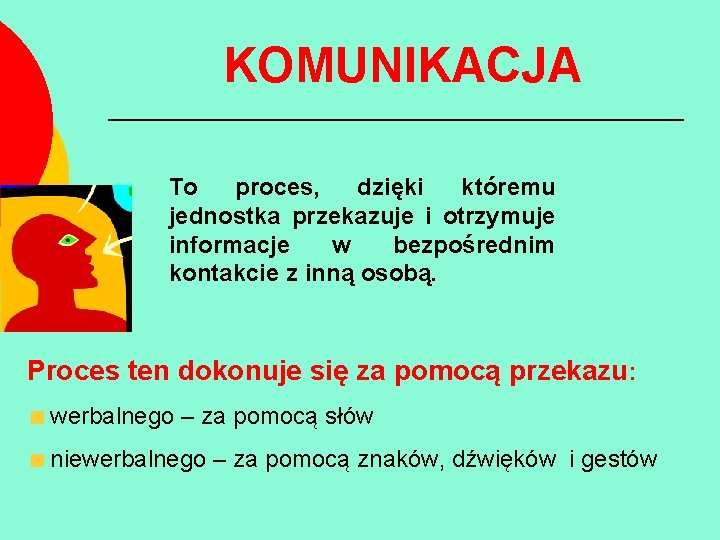 KOMUNIKACJA To proces, dzięki któremu jednostka przekazuje i otrzymuje informacje w bezpośrednim kontakcie z