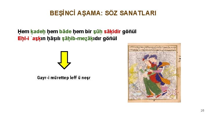 BEŞİNCİ AŞAMA: SÖZ SANATLARI Ḥem ḳadeḥ ḥem bāde ḥem bir şūḫ sāḳîdir göñül Eḥl-i