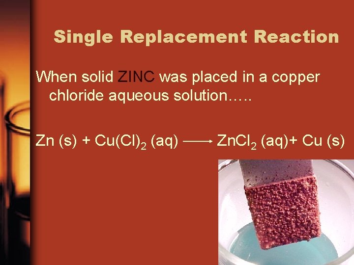 Single Replacement Reaction When solid ZINC was placed in a copper chloride aqueous solution….