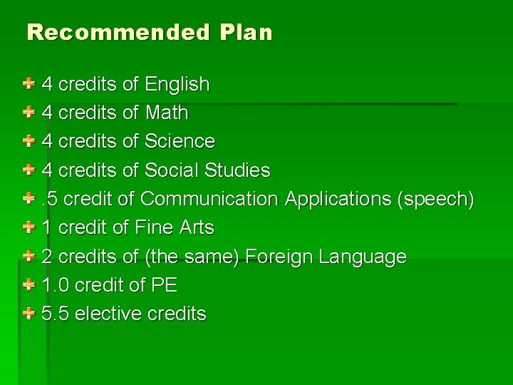 Recommended Plan 4 credits of English 4 credits of Math 4 credits of Science
