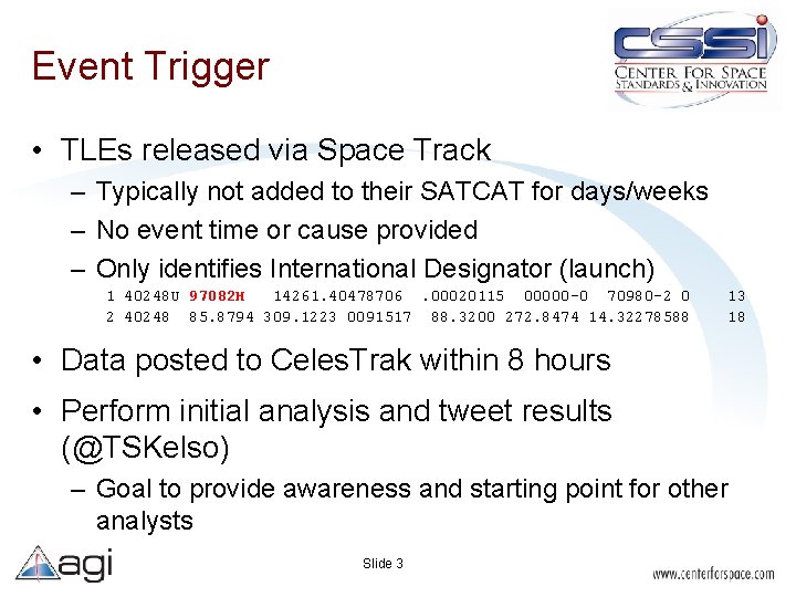 Event Trigger • TLEs released via Space Track – Typically not added to their