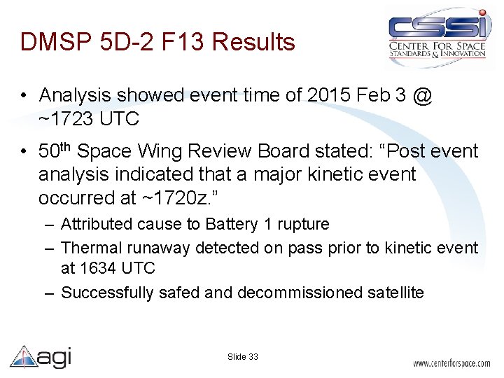 DMSP 5 D-2 F 13 Results • Analysis showed event time of 2015 Feb