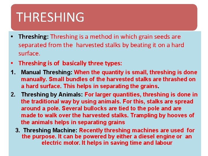 THRESHING • Threshing: Threshing is a method in which grain seeds are separated from