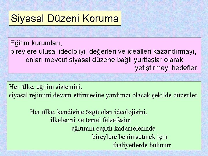 Siyasal Düzeni Koruma Eğitim kurumları, bireylere ulusal ideolojiyi, değerleri ve idealleri kazandırmayı, onları mevcut