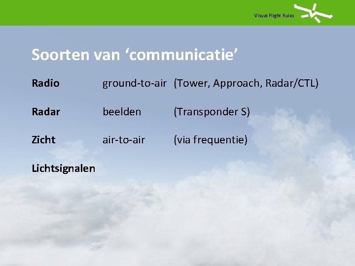 Visual Flight Rules Soorten van ‘communicatie’ Radio ground-to-air (Tower, Approach, Radar/CTL) Radar beelden (Transponder