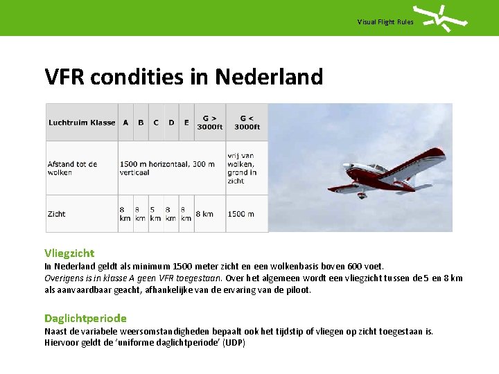 Visual Flight Rules VFR condities in Nederland Vliegzicht In Nederland geldt als minimum 1500