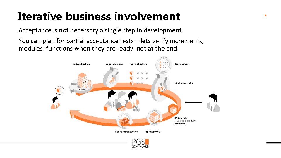 Iterative business involvement Acceptance is not necessary a single step in development You can