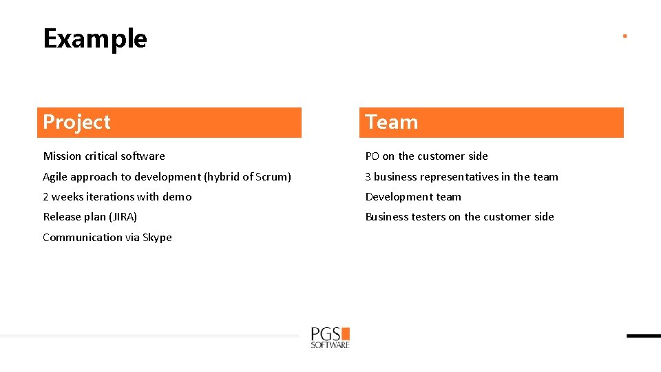 Example Project Team Mission critical software PO on the customer side Agile approach to