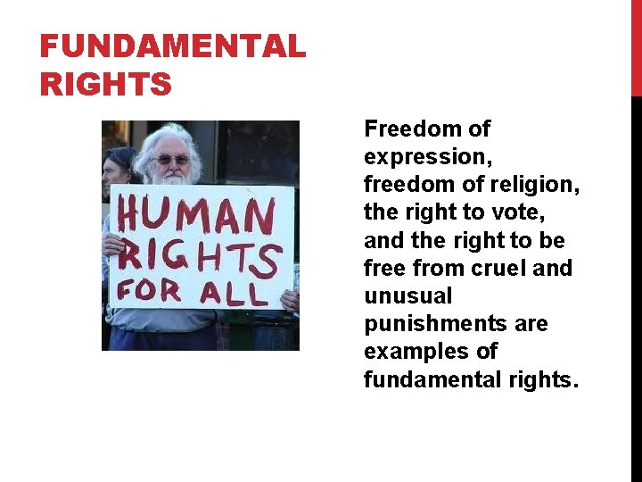 FUNDAMENTAL RIGHTS Freedom of expression, freedom of religion, the right to vote, and the