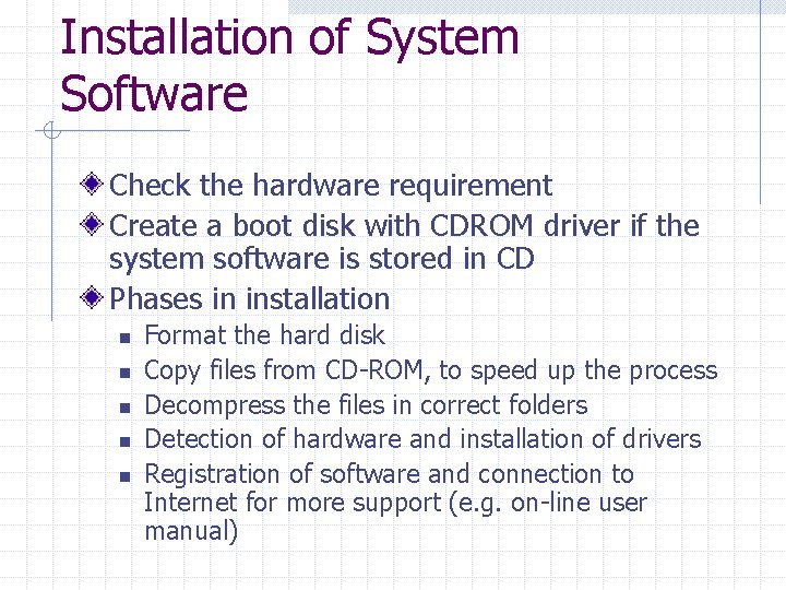 Installation of System Software Check the hardware requirement Create a boot disk with CDROM