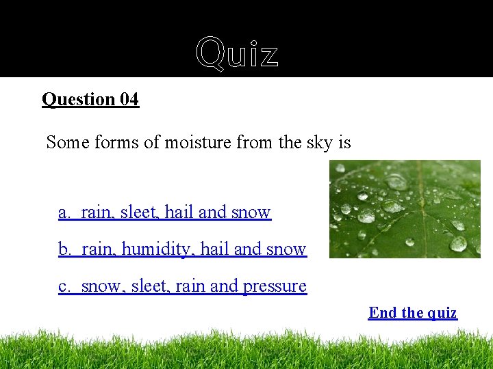 Quiz Question 04 Some forms of moisture from the sky is a. rain, sleet,