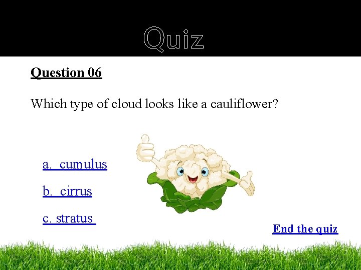 Quiz Question 06 Which type of cloud looks like a cauliflower? a. cumulus b.