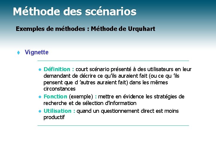 Méthode des scénarios Exemples de méthodes : Méthode de Urquhart t Vignette l l