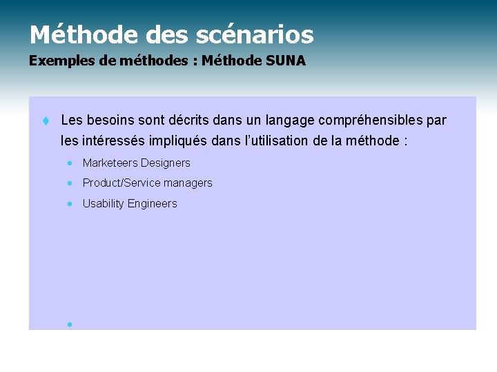 Méthode des scénarios Exemples de méthodes : Méthode SUNA t Les besoins sont décrits