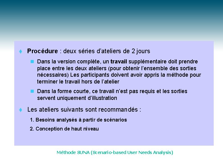 t Procédure : deux séries d’ateliers de 2 jours n Dans la version complète,