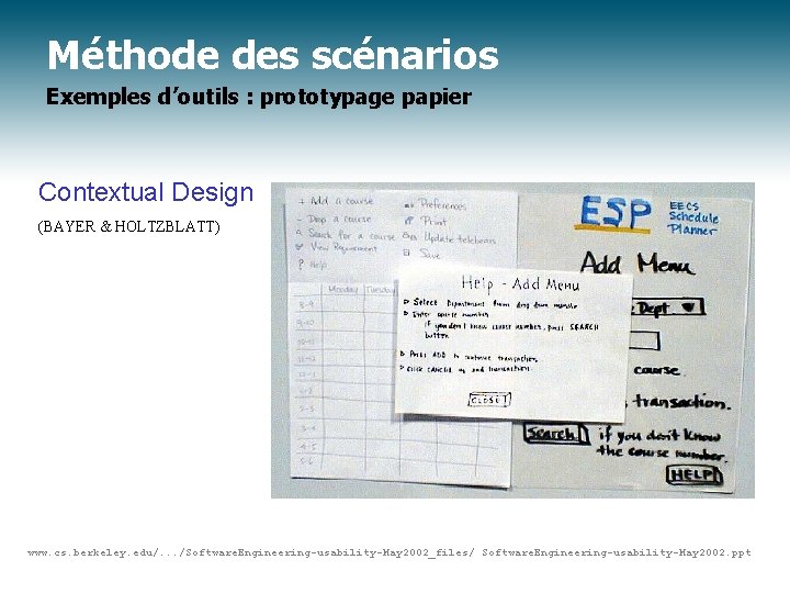 Méthode des scénarios Exemples d’outils : prototypage papier Contextual Design (BAYER & HOLTZBLATT) www.