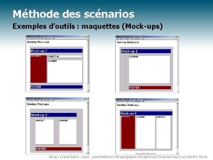 Méthode des scénarios Exemples d’outils : maquettes (Mock-ups) http: //builder. cnet. com/webbuilding/pages/Graphics/Conceptualize/ss 03. html