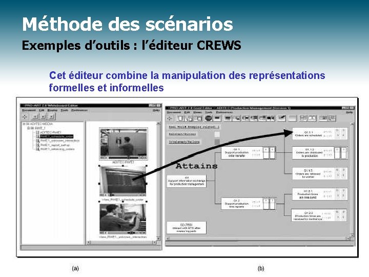 Méthode des scénarios Exemples d’outils : l’éditeur CREWS Cet éditeur combine la manipulation des