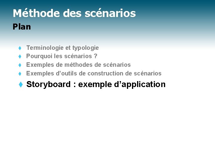 Méthode des scénarios Plan Terminologie et typologie t Pourquoi les scénarios ? t Exemples