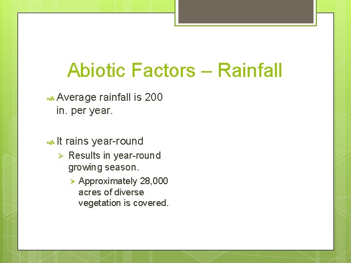 Abiotic Factors – Rainfall Average rainfall is 200 in. per year. It Ø rains