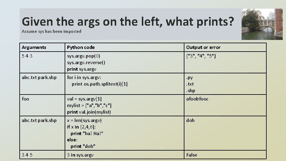 Given the args on the left, what prints? Assume sys has been imported Arguments