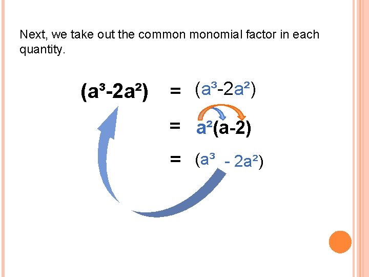 Next, we take out the common monomial factor in each quantity. (a³-2 a²) =