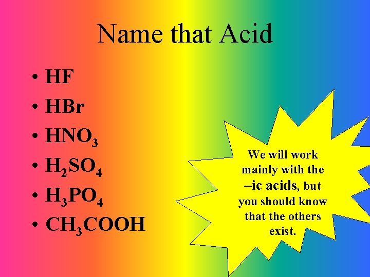 Name that Acid • • • HF HBr HNO 3 H 2 SO 4