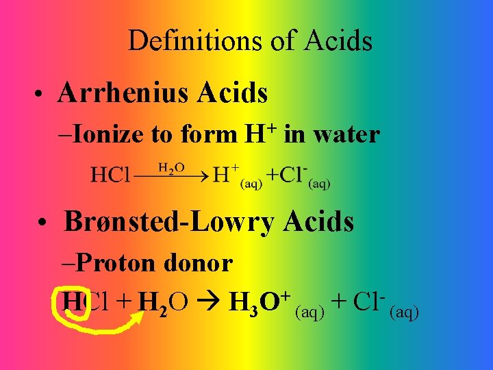 Definitions of Acids • Arrhenius Acids –Ionize to form H+ in water • Brønsted-Lowry