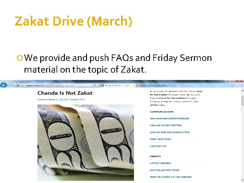Zakat Drive (March) We provide and push FAQs and Friday Sermon material on the
