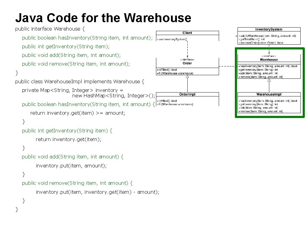 Java Code for the Warehouse public interface Warehouse { public boolean has. Inventory(String item, Java Code for the Warehouse public interface Warehouse { public boolean has. Inventory(String item,