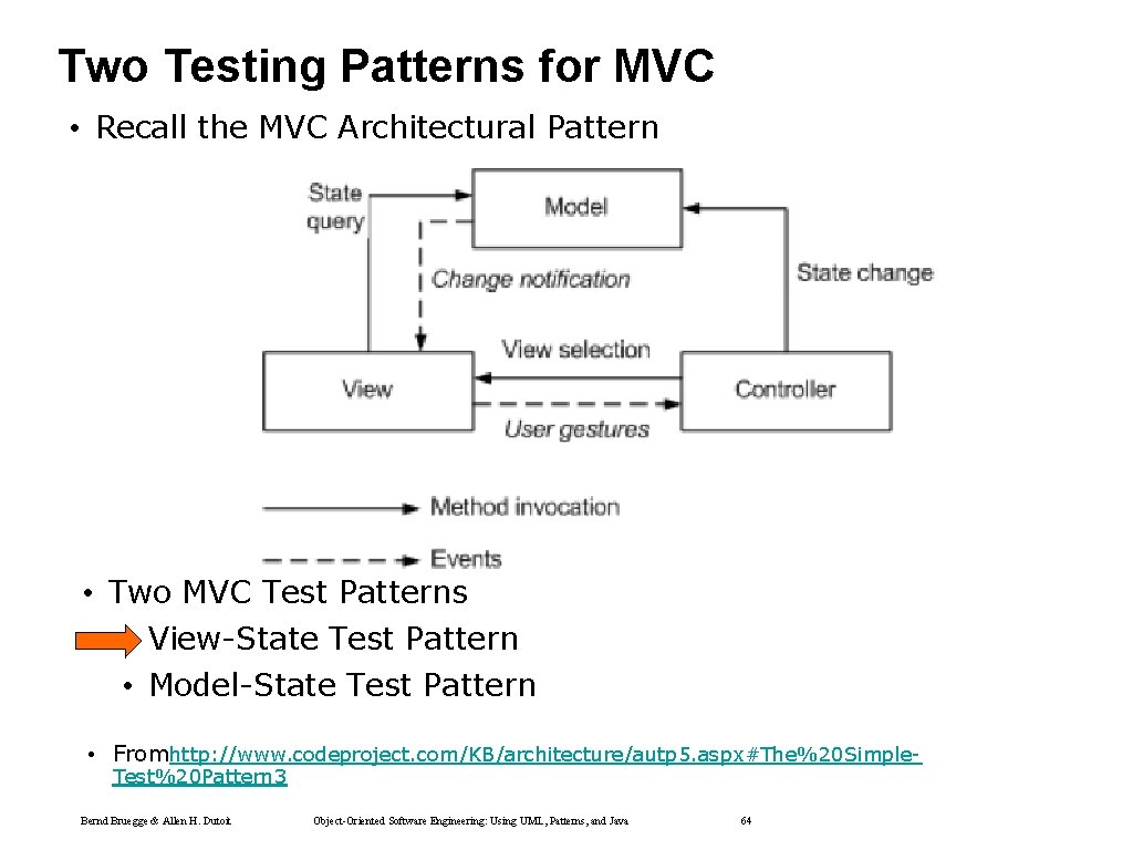 Two Testing Patterns for MVC • Recall the MVC Architectural Pattern • Two MVC Two Testing Patterns for MVC • Recall the MVC Architectural Pattern • Two MVC