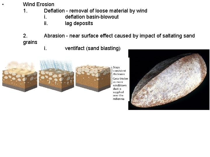  • Wind Erosion 1. Deflation - removal of loose material by wind i.