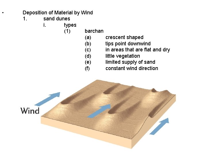  • Deposition of Material by Wind 1. sand dunes i. types (1) barchan