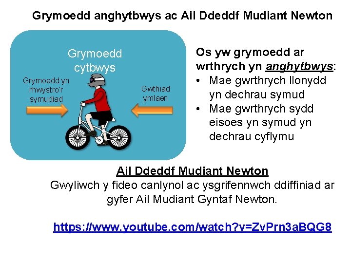 Grymoedd anghytbwys ac Ail Ddeddf Mudiant Newton Grymoedd cytbwys Grymoedd yn rhwystro’r symudiad Gwthiad