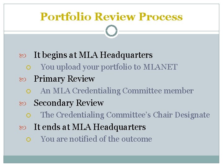 Portfolio Review Process It begins at MLA Headquarters You upload your portfolio to MLANET