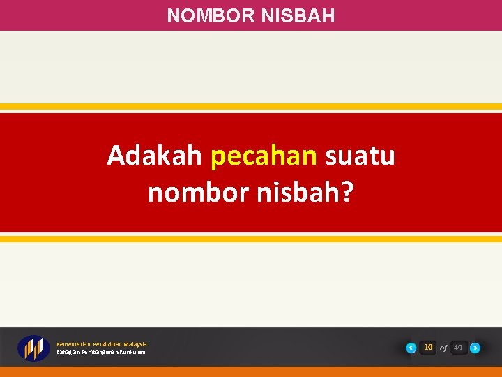 NOMBOR NISBAH Adakah pecahan suatu nombor nisbah? Kementerian Pendidikan Malaysia Bahagian Pembangunan Kurikulum 10