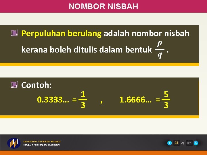 NOMBOR NISBAH Perpuluhan berulang adalah nombor nisbah p kerana boleh ditulis dalam bentuk q.