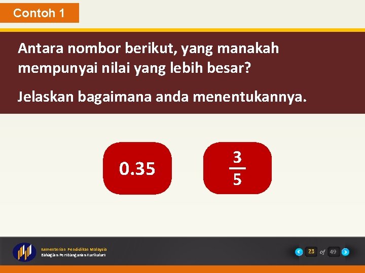 Contoh 1 Antara nombor berikut, yang manakah mempunyai nilai yang lebih besar? Jelaskan bagaimana