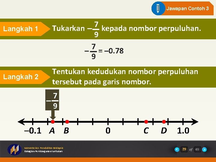 Jawapan Contoh 3 Langkah 1 Langkah 2 Tukarkan – 7 kepada nombor perpuluhan. 9