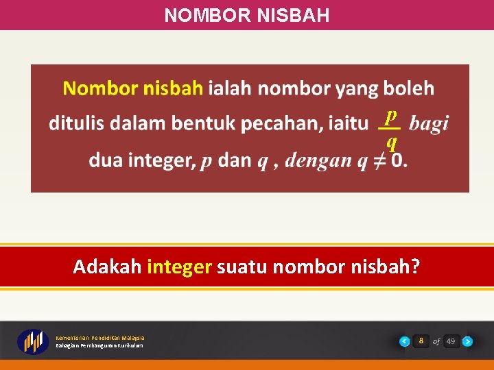 NOMBOR NISBAH p q Adakah integer suatu nombor nisbah? Kementerian Pendidikan Malaysia Bahagian Pembangunan