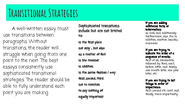 Transitional Strategies A well-written essay must use transitions between paragraphs. Without transitions, the reader