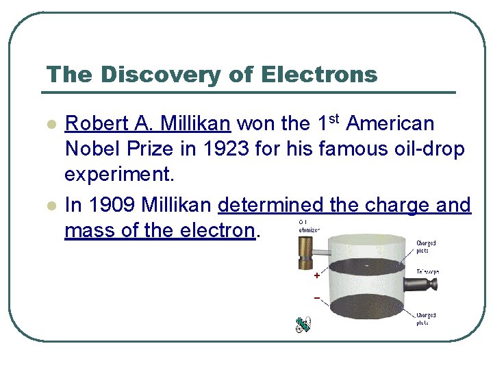 The Discovery of Electrons l l Robert A. Millikan won the 1 st American