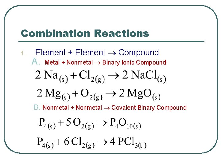 Combination Reactions 1. Element + Element Compound A. Metal + Nonmetal Binary Ionic Compound