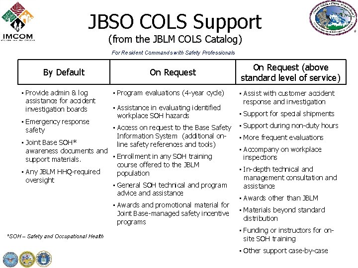 JBSO COLS Support (from the JBLM COLS Catalog) For Resident Commands with Safety Professionals