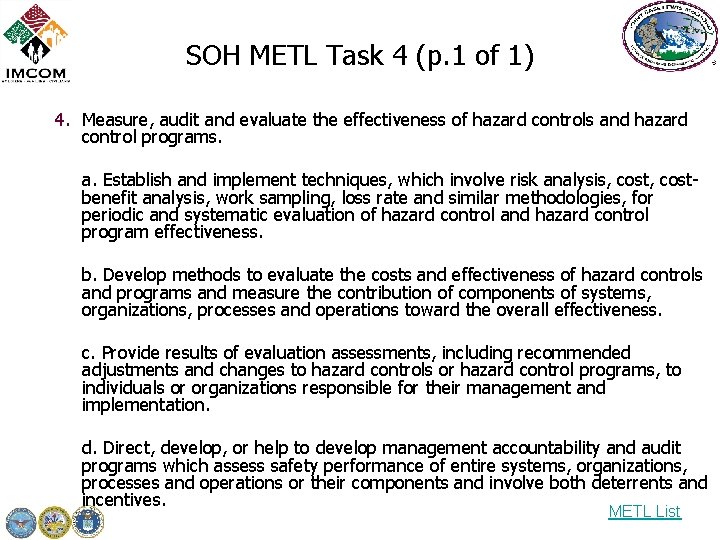 SOH METL Task 4 (p. 1 of 1) 4. Measure, audit and evaluate the