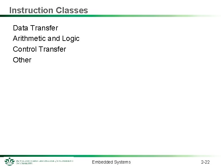 Instruction Classes Data Transfer Arithmetic and Logic Control Transfer Other Embedded Systems 2 -22