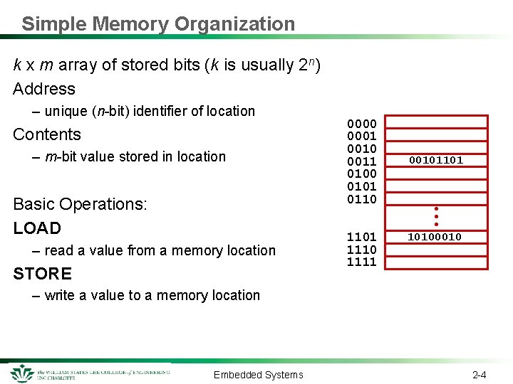 Simple Memory Organization k x m array of stored bits (k is usually 2