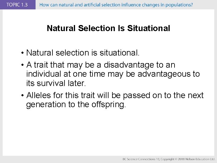 Natural Selection Is Situational • Natural selection is situational. • A trait that may