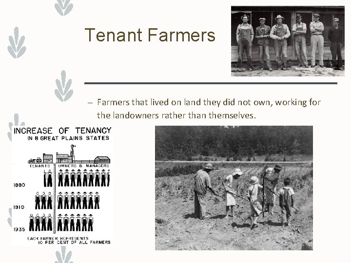 Tenant Farmers – Farmers that lived on land they did not own, working for