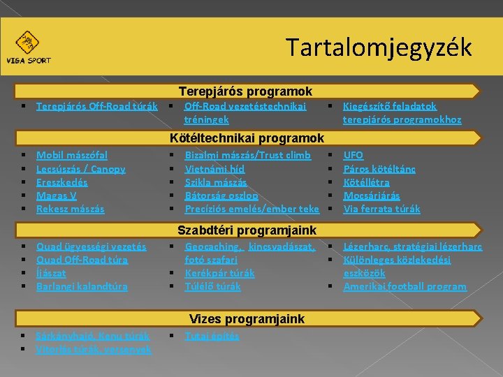 Tartalomjegyzék Terepjárós programok § Terepjárós Off-Road túrák § Off-Road vezetéstechnikai tréningek § Kiegészítő feladatok